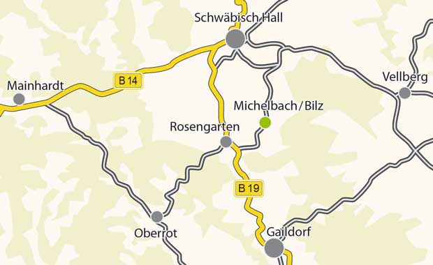 Landkartenausschnitt mit der Lage von Michelbach/Bilz bei Schwäbisch Hall